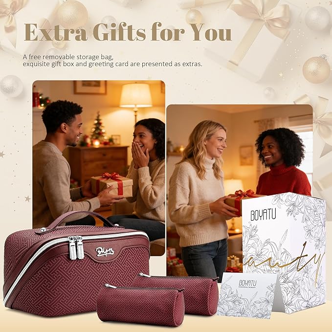 BOYATU Travel Makeup Bags for Women: Vintage Roman Column Texture Large Capacity Cosmetic Bag - Each Journey, Quiet Luxury Serenity - 3 Pcs Set Organizer Toiletry Purse 50% Extra Storage(Burgundy)