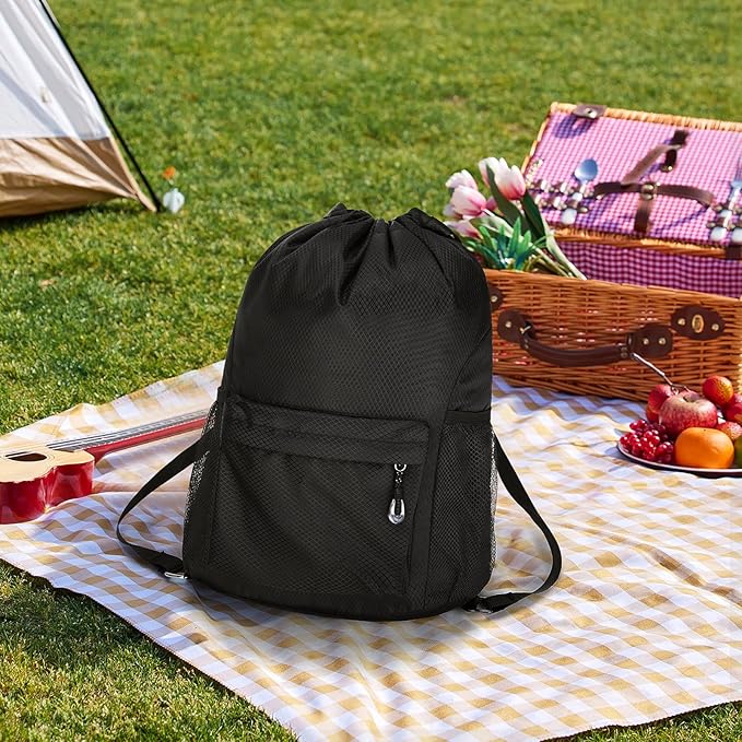 Waterproof Drawstring Bag, Lightweight String Backpack with Water Bottle Holder and Pockets, Gym Sports Cinch Sackpack (Black)
