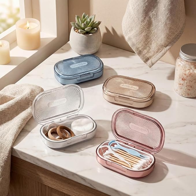 2 Pcs Hair Tie Container Small Portable Travel Cotton Swab Holder Dispenser with Lid Plastic Box Storage Containers for Small Items, 3.94 x 2.76 Inch(2Pces,Blue01)