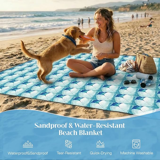 OIGAE 7x7ft Sandproof Beach Blanket - Large Waterproof Picnic Mat for 3-4 People, Lightweight Sand Free Mat for Summer Vacation with 6 Stakes & 4 Corner Pockets for Beach, Camping, Festivals