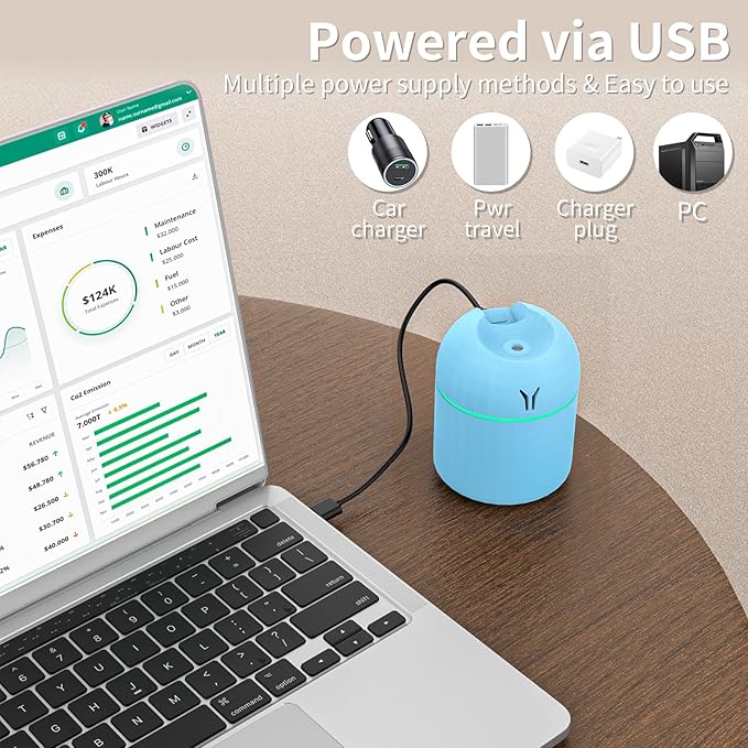 Portable Mini Humidifier, 250ML Small Humidifier, 3-in-1 Colorful Mini Humidifier + Night Light + Car Humidifier, Cool Mist Humidifier with Aroma Pads, USB Portable Humidifier For Travel (Blue)