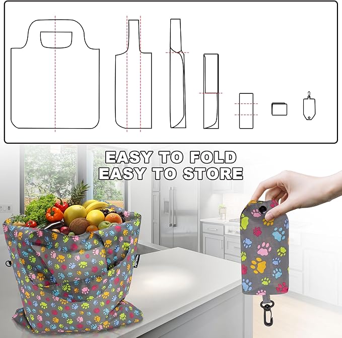 HOLYLUCK Reusable Grocery Bags,Heavy Duty Foldable Shopping Tote Bag (Standard, 3 Dog Paw Prints)