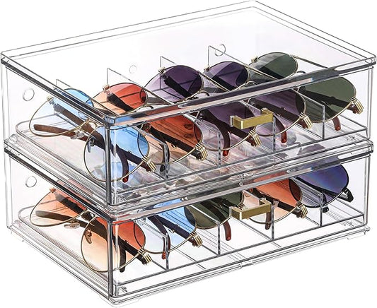 LALOBLUE Clear Acrylic Sunglasses Organizer, Stackable Eyeglass Storage Case with Gold Handles, Glasses Display Holder