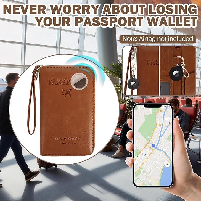 RFID Blocking Passport Wallet, Anti Theft PU Leather Passport Pouch with Tracker Case, Travel Document Organizer Zipper Wallet with Wrist Strap, Gifts for Women and Men (Green)