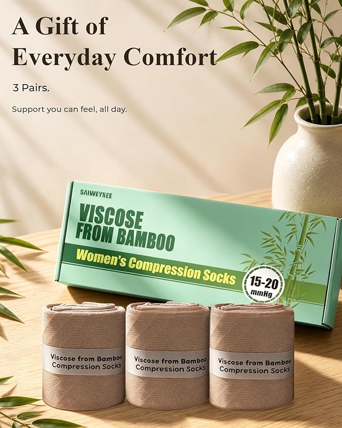 Compression Socks for Women 15-20 mmHg, Viscose from Bamboo, 3-Pair Knee High for Flying, Work & All-Day Comfort