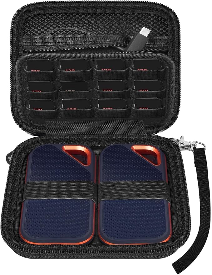 PAIYULE Case Compatible with SanDisk Extreme new and Old Model/Extreme PRO Portable SSD 500GB 1TB 2TB 4TB 8TB, Hard Travel Storage Case Holds 2 SSDs, 12 SD Card Slots, Cable Organizer, Black