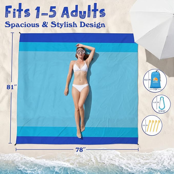 Aroveea Beach Blanket Waterproof Sandproof 1-7 Adult Oversized 78''X81''/10'X9' Lightweight Durable Compact Sand Free Beach Mat for Travel Camping Hiking Picnic Blanket