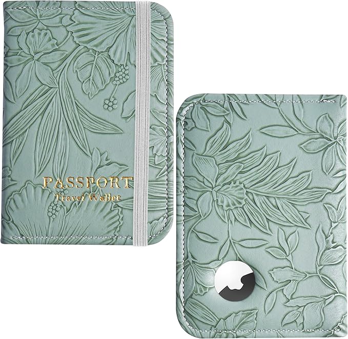 lizimandu Passport Holder with Airtag Slot, Airtag Passport Wallet for Men Women, Slim Leather Passport Holder Case Family for Travel Anti-Lost(1-Carved Green2)