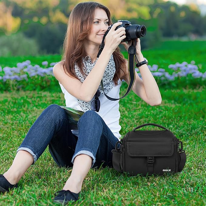 GMAK Waterproof Camera Bag for Photographers, Anti-shock Camera Shoulder Bags with Water-resistant Rain Cover, Camera Case Compatible for DSLR/SLR/Mirrorless Cameras, 9'' × 4.7'' × 7.5'', Black