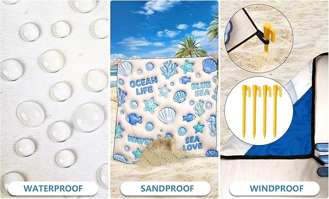 HIHOHO Beach Blanket Waterproof Sandproof Beach Mat 79”x 83” for 1-8 Adults Quick Drying Durable Outdoor Picnic Mat for Beach Festival Travel Camping Hiking (3D Ocean, 79"×83"(4 Person))