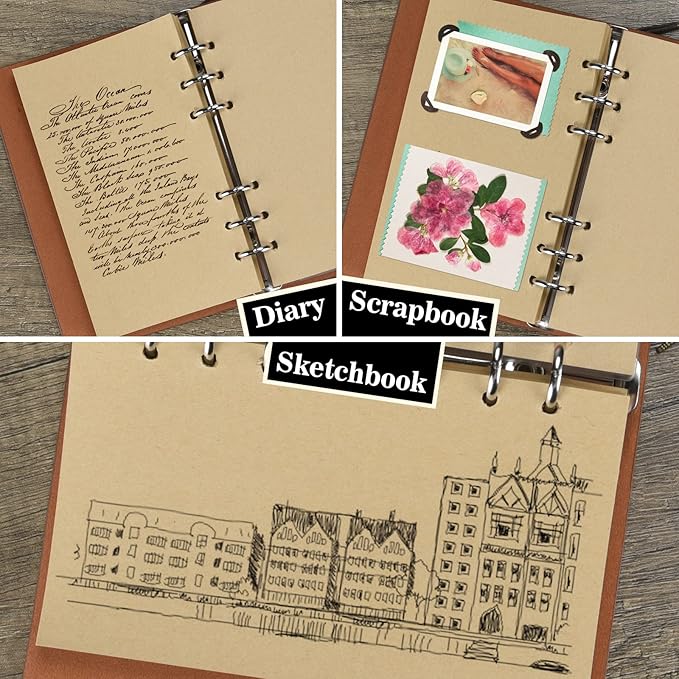 Leather Journal Notebook, Vintage Refillable Journal for Women Girls, Thick Blank Pages for Sketchbook, Planner, Diary, Travel Journals to Write in with Binder Pockets, Beautiful Journal Gift