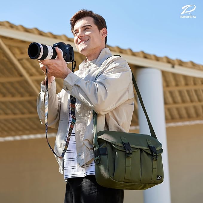 Padwa Lifestyle Green Camera Bag - Nylon Flap Camera Photography Bag with Removable Lining for Single Shoulder & Crossbody and Hand Carry,Weather Resistant Casual Camera Bag for Cameras & Drone