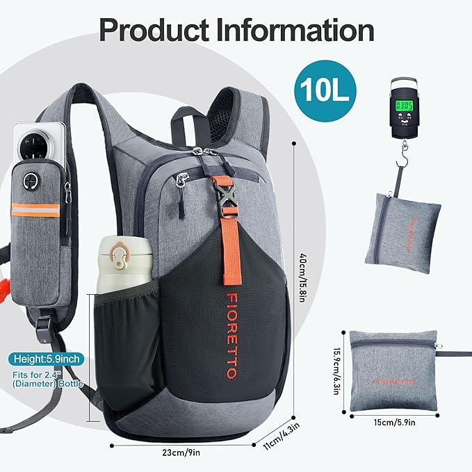 FIORETTO 10L Hiking Backpack for Women Men Mini Packable Backpack Lightweight Small Daypack for Camping Travel Outdoor, Grey and Black