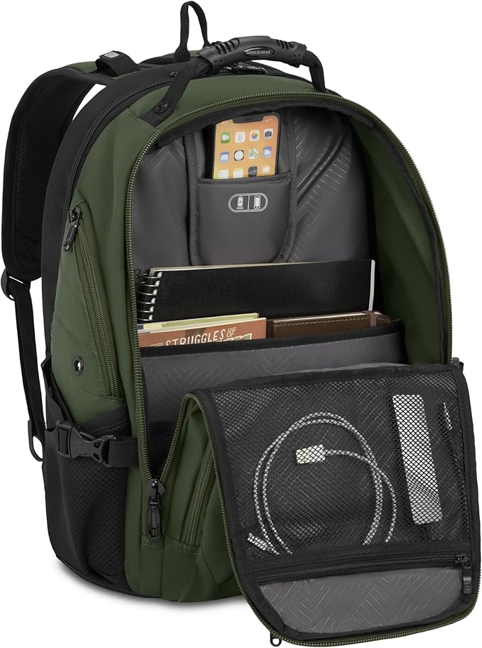 SWISSGEAR Sion 2-Piece Travel Set, Softside Expandable Carry-On Spinner Bundled with 1900 ScanSmart 17" Laptop Backpack with RFID Blocking & Tech Organization, Evergreen