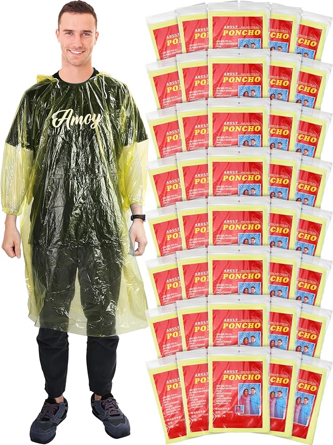 40 Pack Disposable Rain Ponchos for Adults Disposable Ponchos Pack with Drawstring Hood Elastic Sleeves Raincoat for Camping