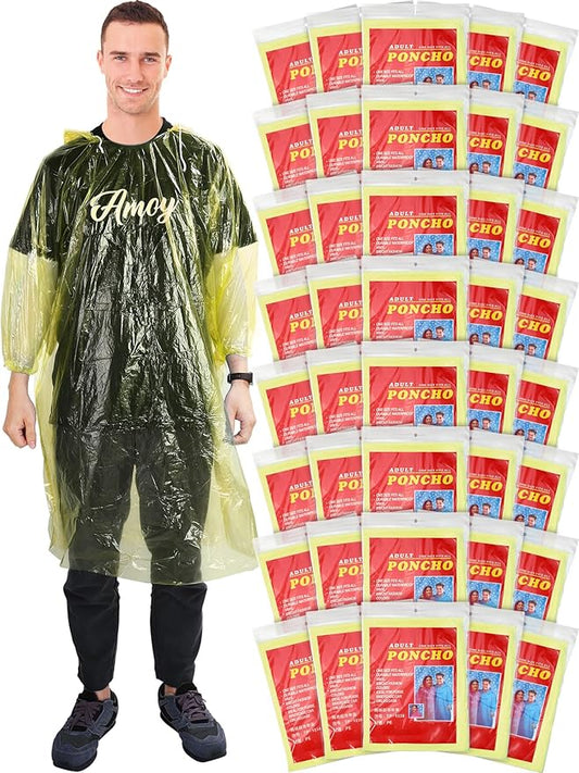 40 Pack Disposable Rain Ponchos for Adults Disposable Ponchos Pack with Drawstring Hood Elastic Sleeves Raincoat for Camping