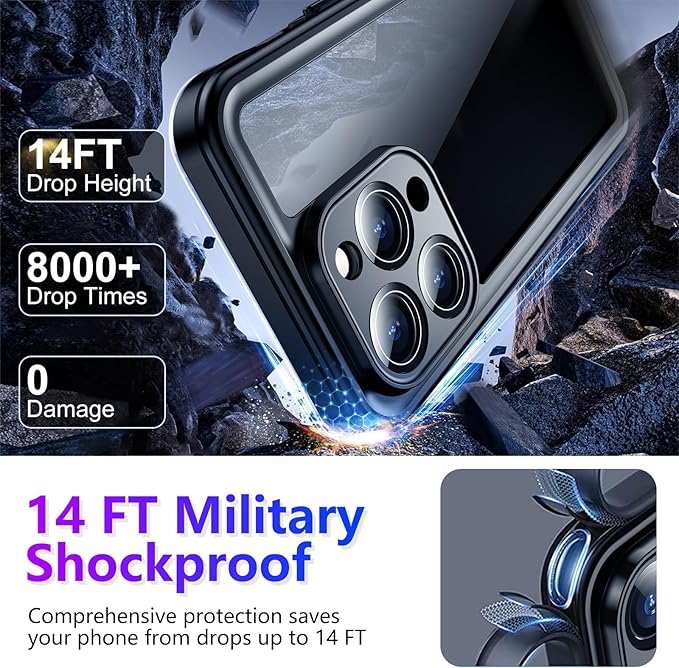Compatible with iPhone 14 Pro Max Case Waterproof, Built-in Screen & Camera Protector IP68 Underwater Full Body 14FT Military Dropproof Shockproof Phone Case 6.7"-Black/Clear