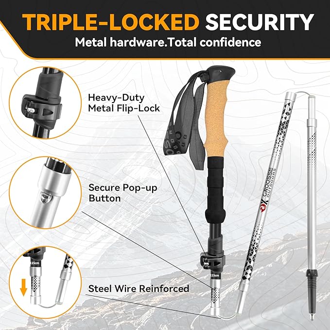 Collapsible Trekking Poles for Hiking - Lightweight Adjustable Aluminum Folding Hiking Poles, Cork Grip Walking Sticks for Seniors, Women & Men (2 Pack)