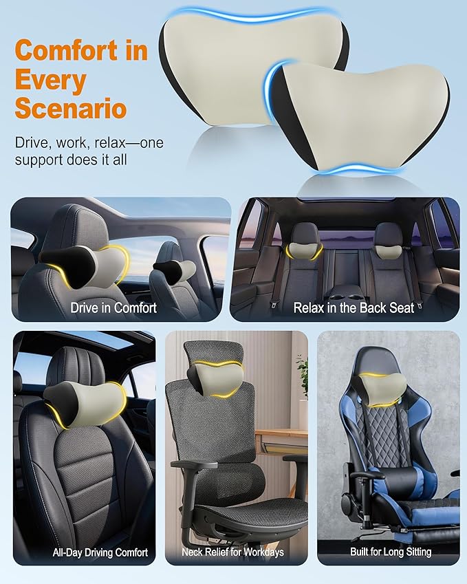 2-Pack Car Neck Pillow: Ergonomic Memory Foam Car Headrest Pillow, Neck Support Pillow for Long Drives, Headrest Support Cushion for Pain Relief, Universal Fit for Cars, SUVs & Trucks – Beige