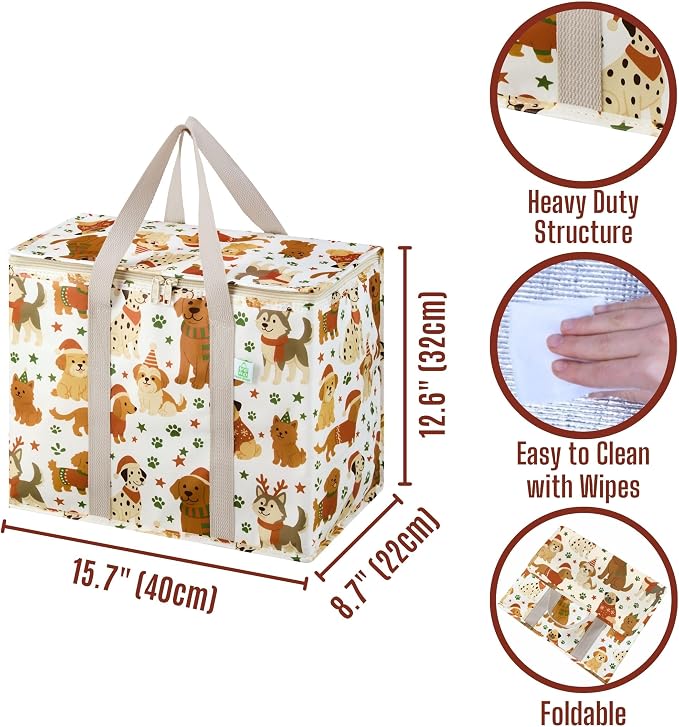 VENO 2 Pack Insulated Cooler Bag for Food Delivery, Reusable Grocery Shopping Bag, Heavy Duty, Large Size, Durable Handles, Double Zippers, Lid, Collapsible (Holiday Pups, 2 Pack)
