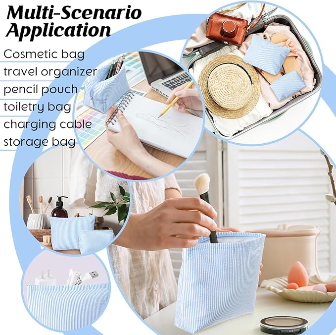 Huhumy 2 Pcs Makeup Bag Set Cute Cosmetic Pouch for Women Seersucker Travel Toiletry Bag Preppy Small Makeup Purse Pouch Aesthetic Skincare Brushes Storage Organizer for Valentine Women(Blue)