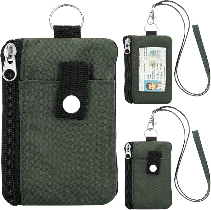 Minimalist Small Wallet for Men Women with 2 Zip Pockets, Multi Functional ID Case with Keychain and Card Holder, Coin Purse Badge Lanyard Pouch for Boys Girls Travel -Green