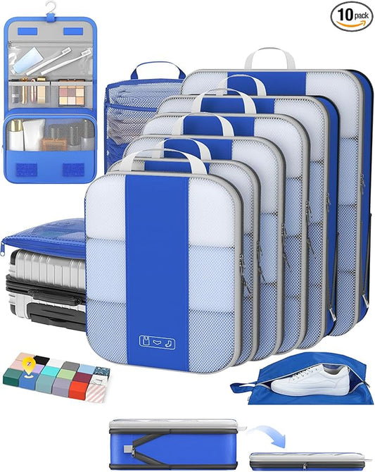 10 Set Compression Packing Cubes for Travel Essentials,Compressible Expandable Packing Cubes for Suitcase,OlarHike Luggage Garment Bags for Travel,Handy Helper for Organizing Clothes(Klein Blue)