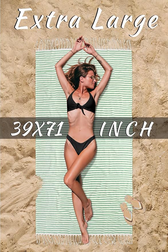 cabanana Turkish Beach Towel Oversized - 40"x70" Quick Dry Sand Free Thin Beach Towels for Adults,Extra Large Cotton Lightweigh Travel Towel for Beach Accessories (Green)