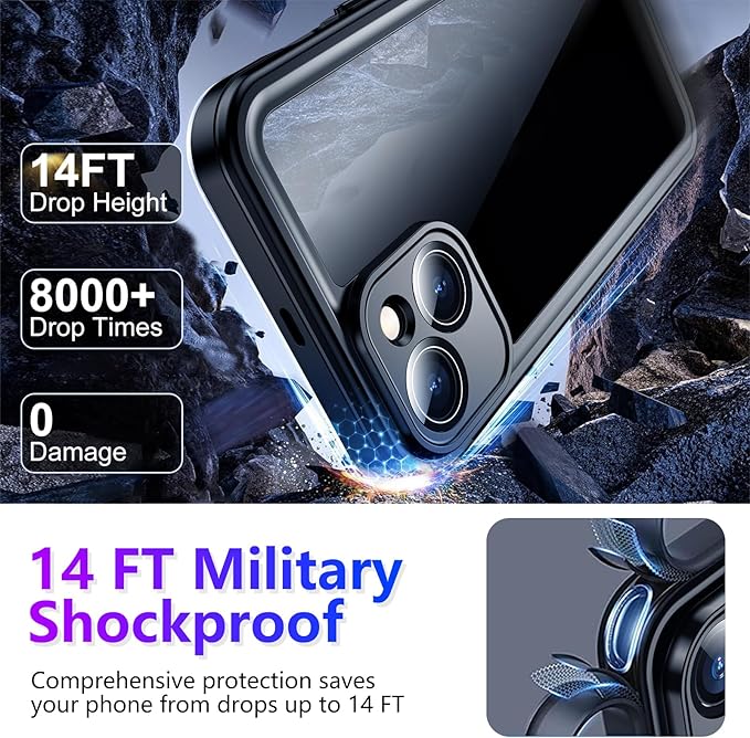 Compatible with iPhone 14 Case Waterproof, Built-in Screen & Camera Protector IP68 Underwater Full Body 14FT Military Dropproof Shockproof Phone Case 6.1"-Purple/Clear