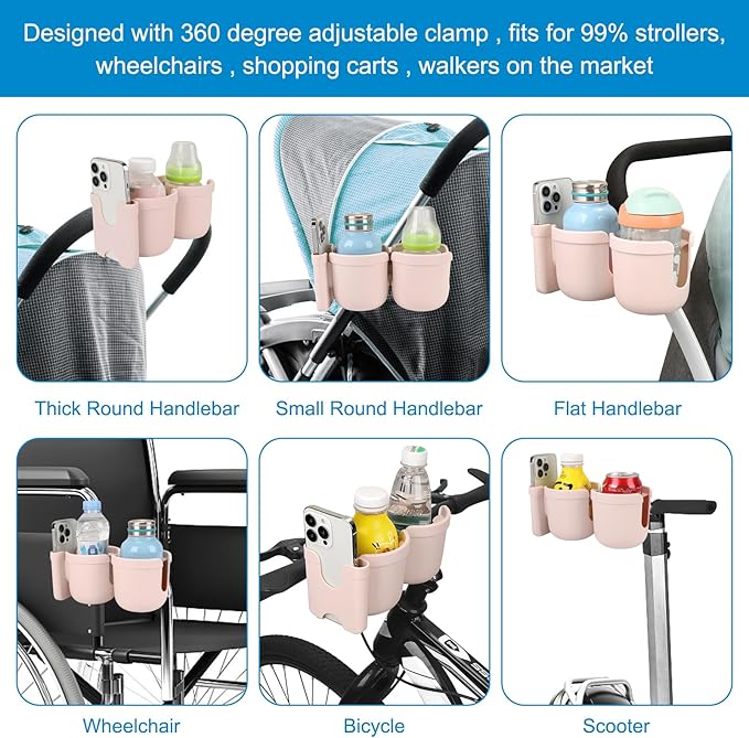 Accmor Stroller Cup Holder with Phone Holder, Bike Cup Holder, Universal Cup Holder for Uppababy Nuna Doona Strollers, 2-in-1 Cup Holder for Walker, Wheelchair, Scooter