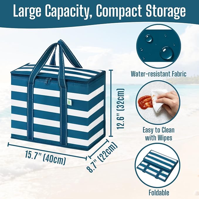 VENO 2 Pack Insulated Cooler Bag, Reusable Grocery Shopping Bag for Food Delivery, Heavy Duty, Large Size, Durable Handles, Double Zippers, Lid, Collapsible (Classic Navy Stripe, 2 Pack)