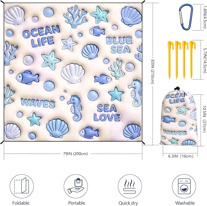 HIHOHO Beach Blanket Waterproof Sandproof Beach Mat 79”x 83” for 1-8 Adults Quick Drying Durable Outdoor Picnic Mat for Beach Festival Travel Camping Hiking (3D Ocean, 79"×83"(4 Person))