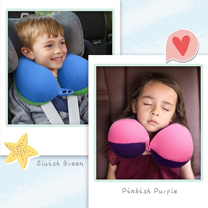 COOLBEBE Kids Travel Neck Pillow 2PCS Softly Headrest Travel Pillow for Car & Airplane, Traveling Gifts for Toddler & Children (Bluish Green & Pinkish Purple)