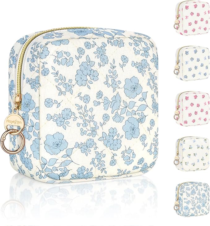 Floral Period Bag, Small Period Pouches for Teen Girls, Quilted Sanitary Napkin Storage Bag, Compact Discreet Pad and Tampon Holder for Purse (Floral-Blue)