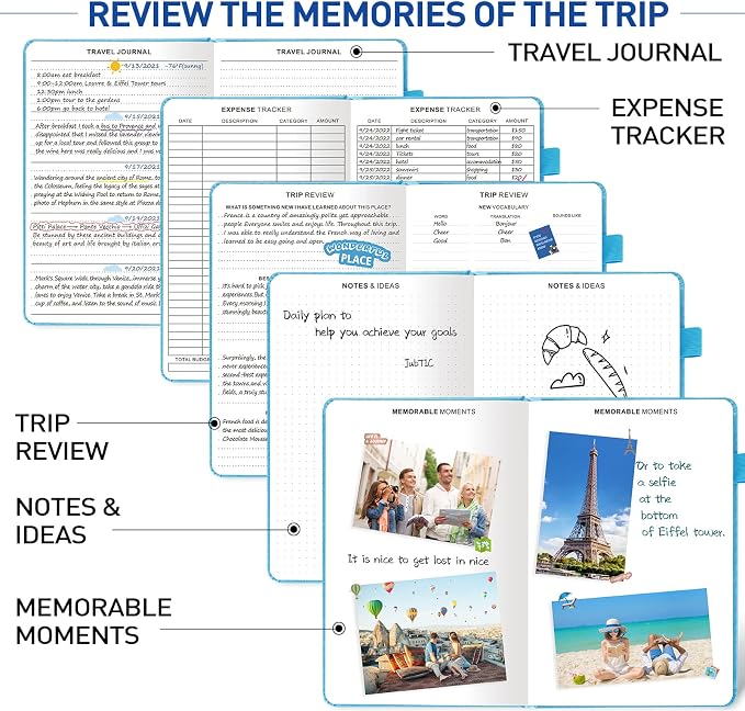 JUBTIC Travel Journal, Vacation Planner with Budget Tracker and Checklist, A5 Size Trip Planner, Diary Notebook for 6 Trips, Travel Gifts Accessories for Women, Men & Couples (Aquamarine)
