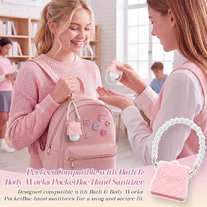 Saillong Cute Hand Sanitizer Holder, Pink Mini Handbag with Pearl Chain, Silicone Holder Compatible with Bath & Body Works PocketBac, Purse Style Body Work Sanitizer Holders