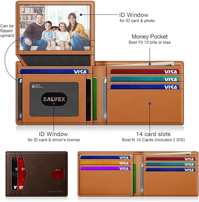 Wallet for Men Slim RFID Blocking Leather Credit Card Holder Wallet for 14 Cards, Bifold Minimalist Thin Wallet with 2 ID Windows & Cash Slot, Front Pockt Carteras Para Hombres, Birthday Gifts for Men