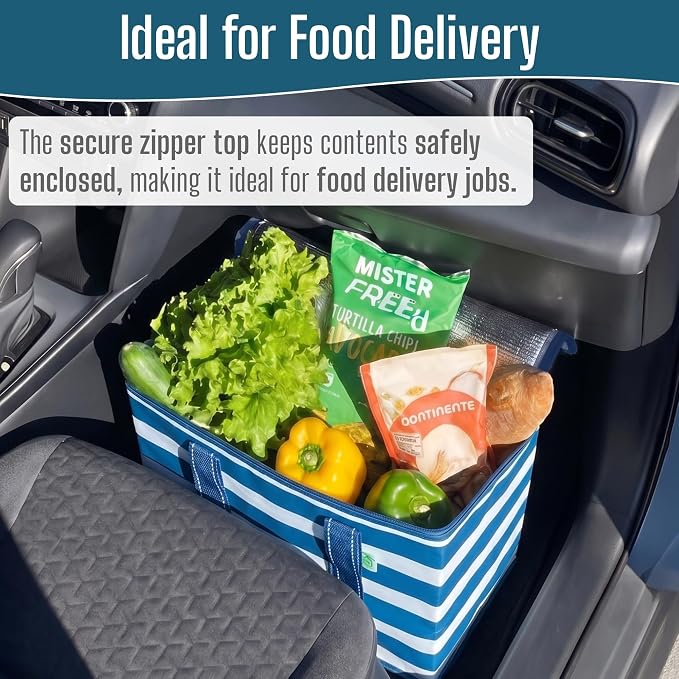 VENO 2 Pack Insulated Cooler Bag, Reusable Grocery Shopping Bag for Food Delivery, Heavy Duty, Large Size, Durable Handles, Double Zippers, Lid, Collapsible (Classic Navy Stripe, 2 Pack)