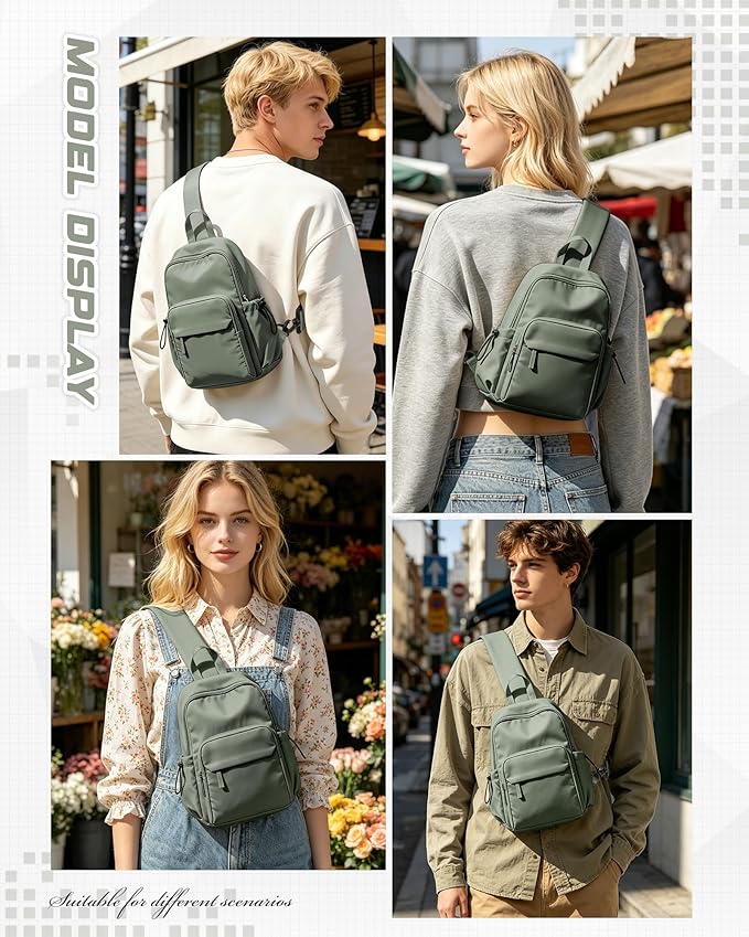Small Green Sling Crossbody Bag for Men Women, Tactical Backpack Shoulder Daypack Mini Anti-Theft Cross Body Motorcycle Chest Bags, Small One Strap Fanny Back Pack for Casual Travel Hiking Sport Gym