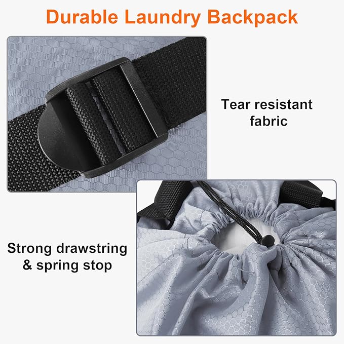 Laundry Bag Backpack Durable Laundry Bag with Shoulder Straps and Mesh Pockets Portable Laundry Hamper Dirty Clothes Bag for College, Travel, Laundromat, Apartment (Gray)