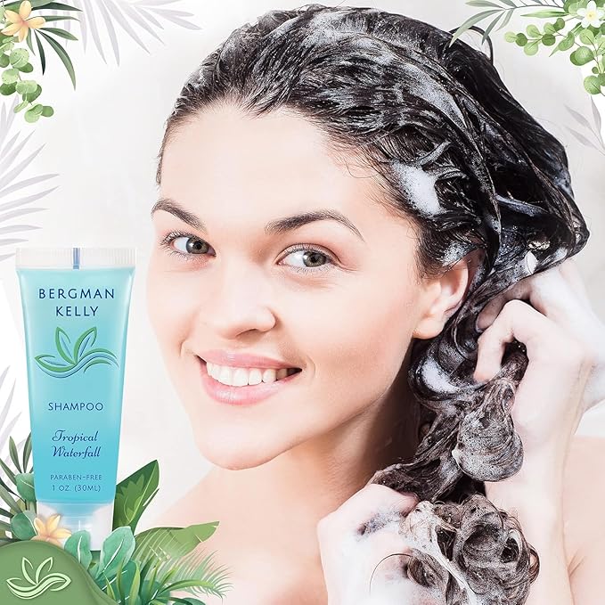 BERGMAN KELLY - Travel Size Hotel Shampoo - 1 fl oz, 200 PK, Tropical Waterfall - Delight Your Guests with Revitalizing & Refreshing Hair Cleanser for Guest Hospitality - Bulk Small Size Shampoo