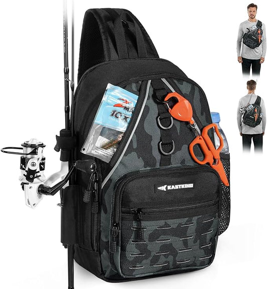 KastKing Karryall Sling Tackle Bag–Fishing Sling Pack,Fishing Backpack With Rod Holder,MOLLE System,Soft Bait & Gear Storage