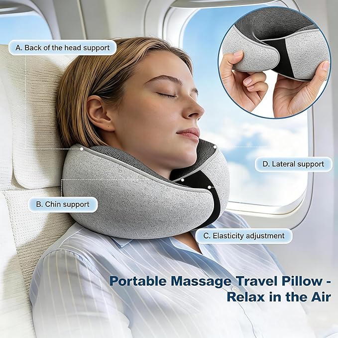 Ergonomic Airplane Pillow and Airplane Foot Hammock, Ultra Portable Neck Pillow with 360° Head Support, Portable Travel Foot Rest with Adjustable Strap, Includes Eye Mask & Ear Plugs, for Flight, Car