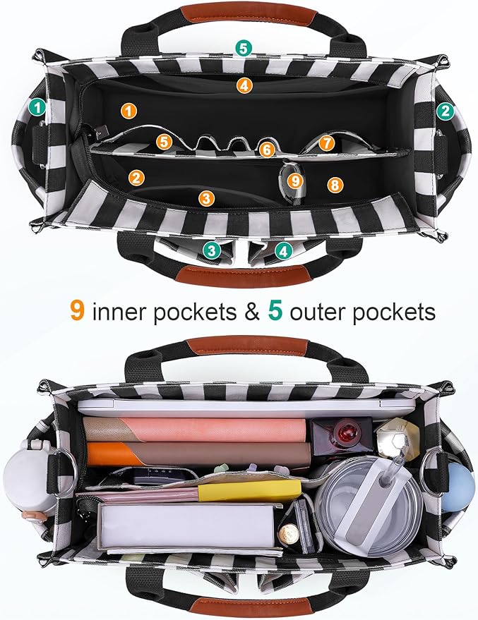 FIORETTO Womens Canvas Tote Bag Purse with Individual Compartment, Zipper Top, Reinforced Bottom & Luggage Sleeve