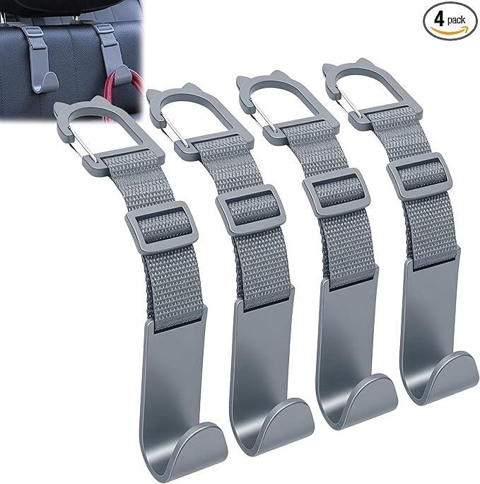Amooca Car Headrest Hooks 4 Pack Adjustable Universal Fit Auto Seat Back Organizer Storage Hanger Purse Bags Holder with Clip Gray