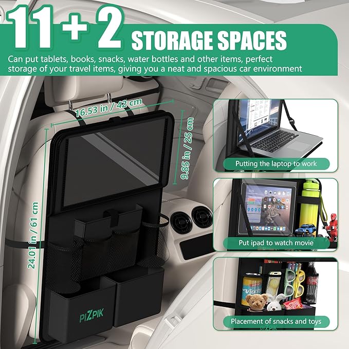 Plzpik Car Backseat Organizer with Tray(2Pack),11 Storage Pockets with Foldable Food Tray, Protector Kick Mats for Kids, Travel Accessories Organizer (Black)