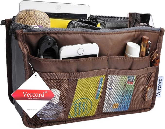 Vercord Purse Organizer Insert for Handbags Bag Organizers Inside Tote Pocketbook Women Nurse Nylon 13 Pockets Coffee Medium