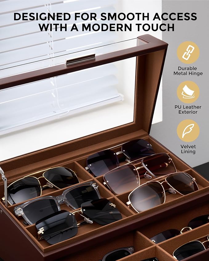 ProCase 12 Slots Sunglasses Box Organizer with L-Shaped Clear Lid, Multiple Pairs Glasses Display Holder Eyewear Eyeglass Eye Glass Storage with Drawer for Men -Espresso