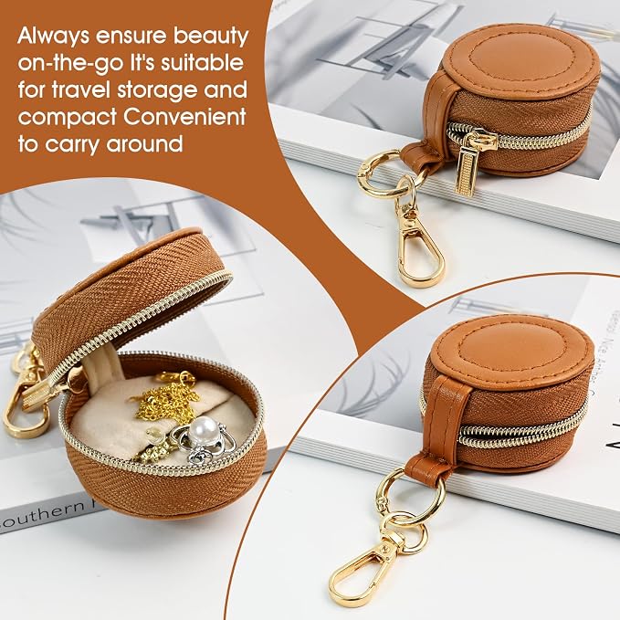Portable Ring Keychain Holder for Gym and Travel - Jewelry Holder for Sports Bag, Compact Ring Earring Necklace Storage Case (brown)