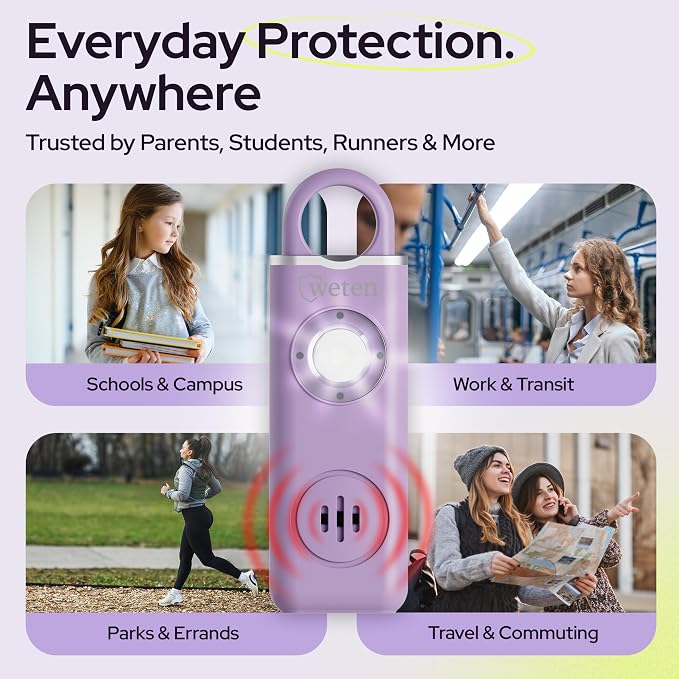 Personal Alarm for Women Safety - 130dB Loud Rechargeable Keychain Siren - LED Light, Carabiner Clip, Low Battery Alert, USB-C Charging TSA Safe Self Defense Alarm by Weten (Lavender)